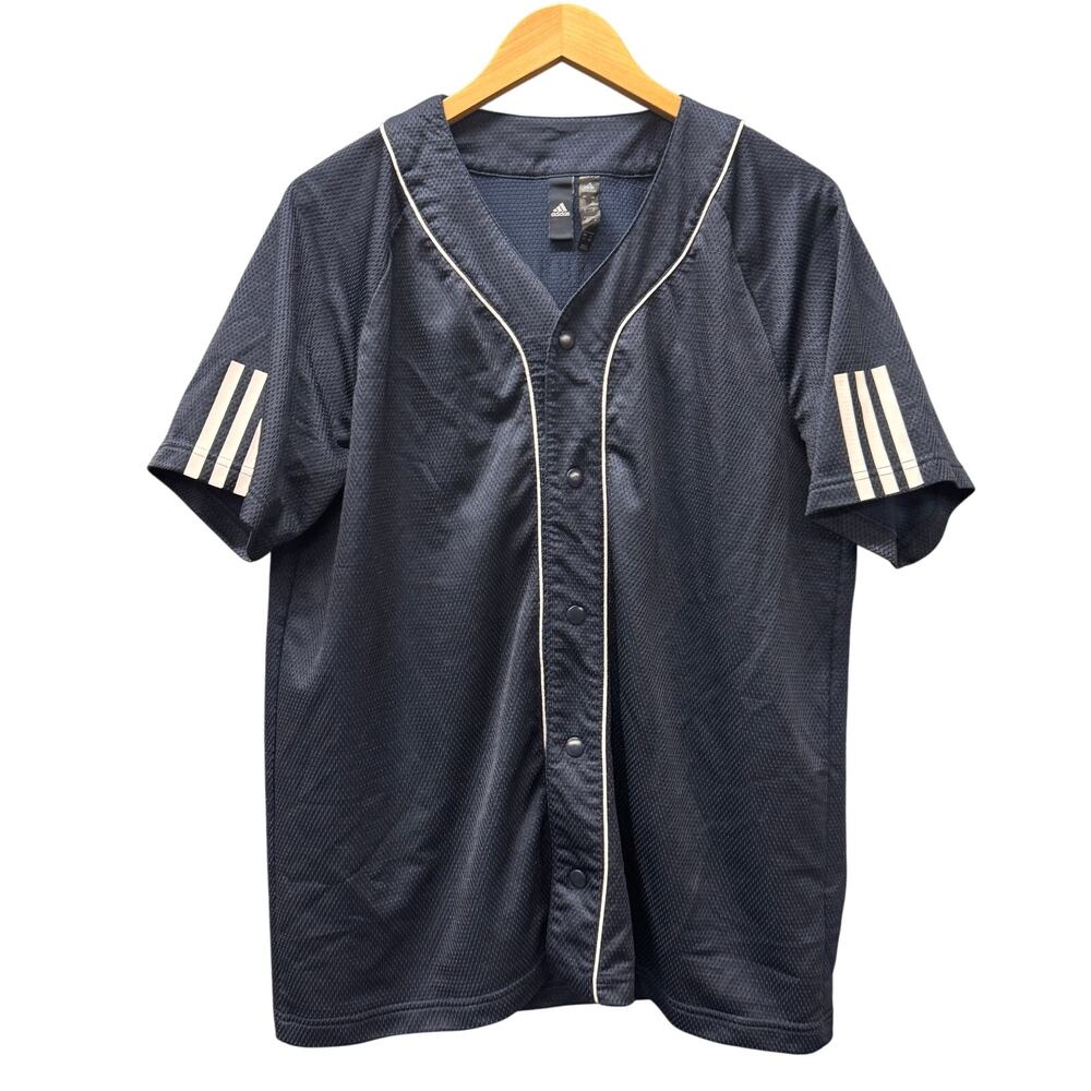 adidas Baseball Jersey Mens Large Blue‎ White THREE STRIPE LIFE Snap Up Active